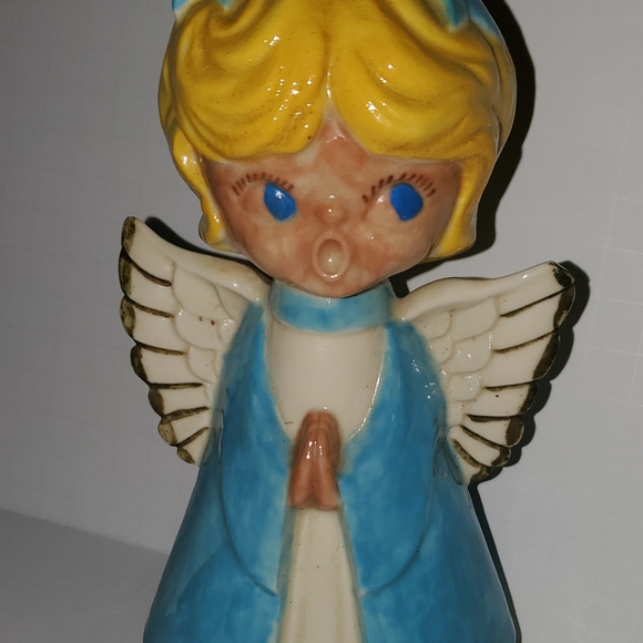 VTG Christmas Angel Choir Hand Painted Ceramic Figurine MCM 60s 70s Blue Blonde - Picture 2 of 11